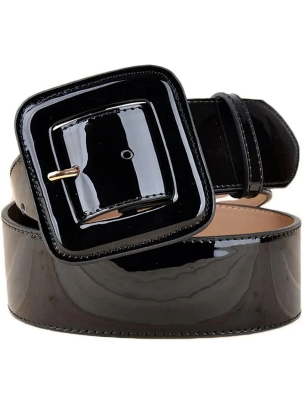 Vintage Black Patent Leather Wide High Waist Belt with Square Buckle for Dresses